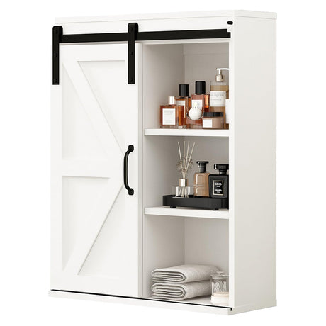 RUSTOWN Farmhouse Wood Wall Storage Bathroom Cabinet with Sliding Barn Door, Rustic Medicine Cabinet with Adjustable Shelf, 3-Tier Vintage Cabinet for Kitchen, Bathroom, Living Room (Vintage White) RUSTOWN