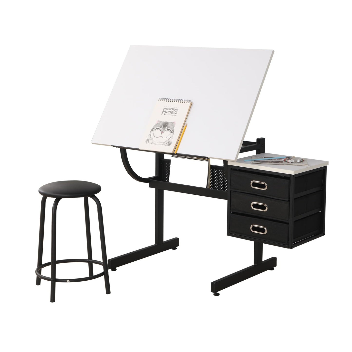 Olela Drafting Desk, Height Adjustable Drafting Table Versatile Art Craft Artists Paintings Storage Work Station with Tilting Temped Glasses Tabletop and Stool (Drawing Table - 2)