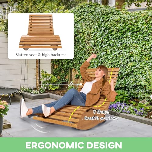 Outsunny Outdoor Rocking Chaise Lounge Chair, S Shape Wooden Rocking Chair with Slatted Seat and High Back, Rocking Patio Lounger for Porch, Backyard, Garden, Light Brown