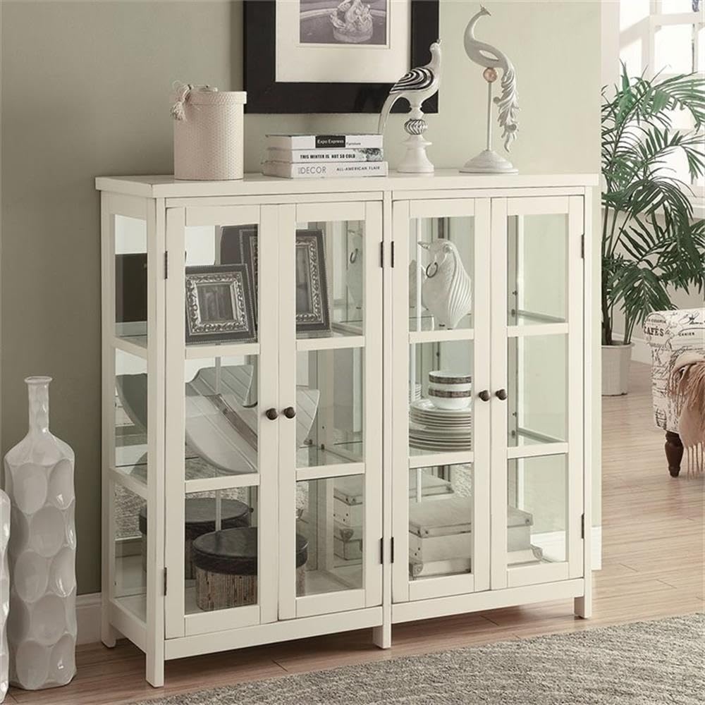 BOWERY HILL 4 Door Glass Display Curio China Accent Cabinet in Antique White BOWERY HILL