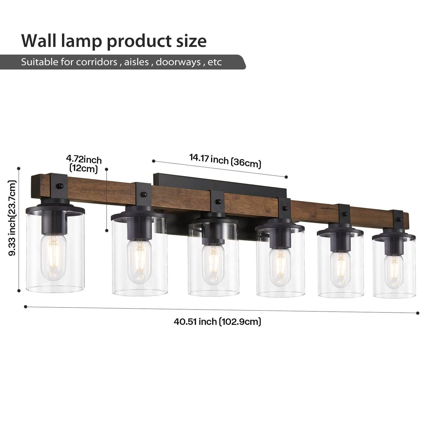 DADUL 6-Light Bathroom Vanity Light, Farmhouse Bathroom Light Fixtures Over Mirror, Classic Wood Vanity with Clear Glass Shade, Black Wall Sconce for Bathroom, Bedroom - WoodArtSupply