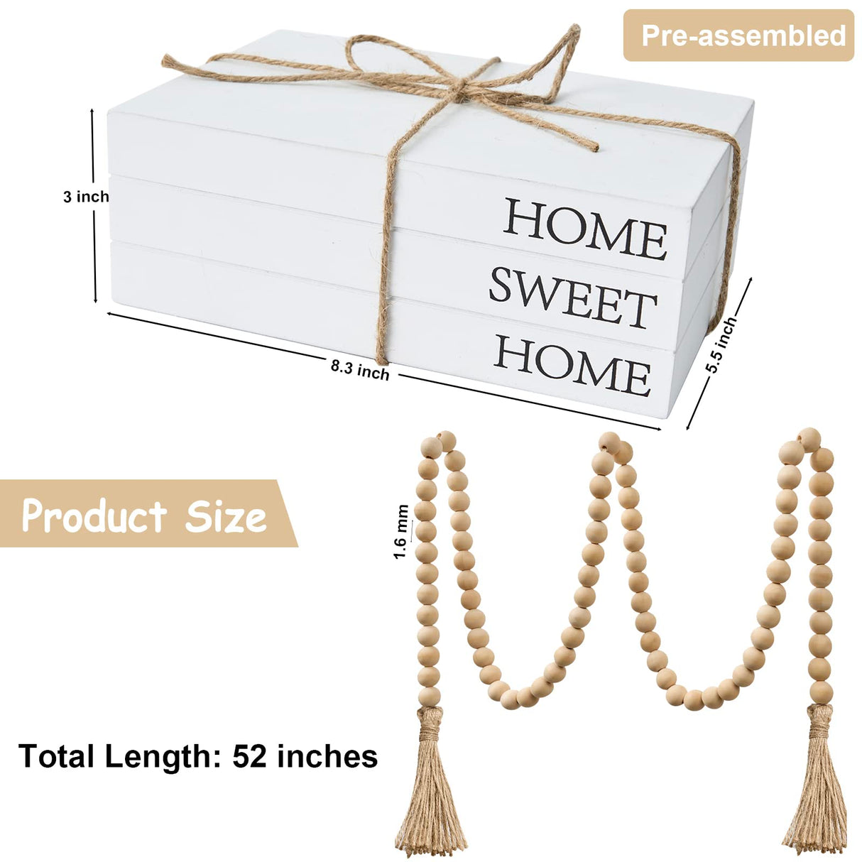 Decorative Books for Home Decor, White Faux Books for Decoration, Rustic Farmhouse Stacked Display Books with 52in Wood Bead Garland for Coffee Tables Living Room, (Home Sweet Home) OMISHE