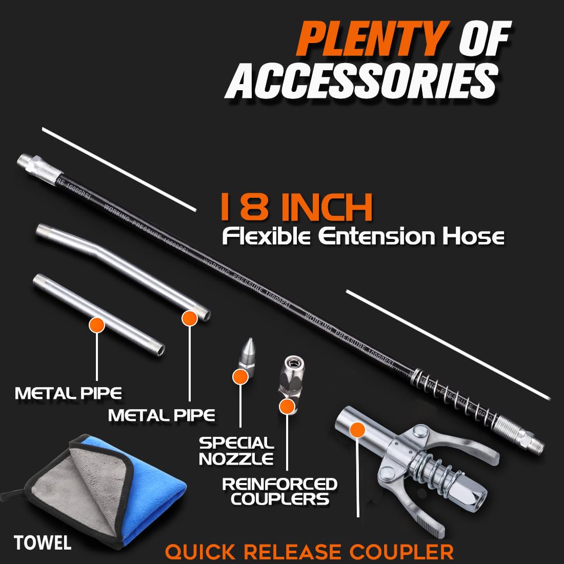 Lnchett Grease Gun with Quick Release Coupler and Towel, 9000 PSI Professional Heavy Duty 14 oz Grease Gun with 18 Inch Spring Flex Hose, 1 Reinforced Coupler, 2 Extension Rigid Pipe and1 Sharp Nozzle Lnchett