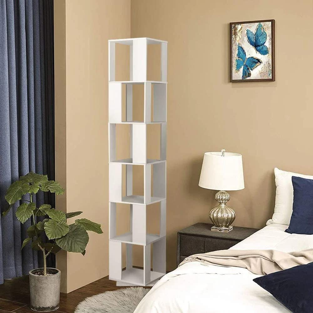 Saadiya 6-Tier 360° Rotating White Floor Standing Bookshelf for Small Spaces - WoodArtSupply