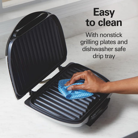 Hamilton Beach Electric Indoor Grill, 6-Serving, Large 90 sq. in. Nonstick Easy Clean Plates, Floating Hinge for Thicker Foods, 1200 Watts, 6.38"D x 12.68"W x 13.78"H , Silver (25371) Hamilton Beach