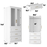 FUFU&GAGA Wardrobe Closet with Glass Doors, Modern White Bedroom Armoire with Gold Handles, Modern Clothes Storage Cabinet with 3 Drawers, Hanging Rod, 31.7”W x 19.3”D x 74.8”H FUFU&GAGA