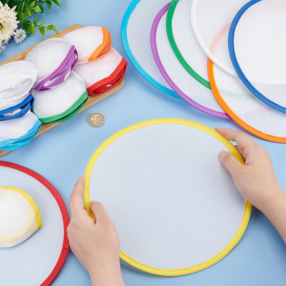 BENECREAT 32Pcs 8 Colors Rainbow Edge White Foldable Fan, 9.8inch Nylon Sublimation Fans Foldable Flying Disc Fans Colorful Edge Fan Set with Bag for Wedding Summer Outdoor Activity BENECREAT