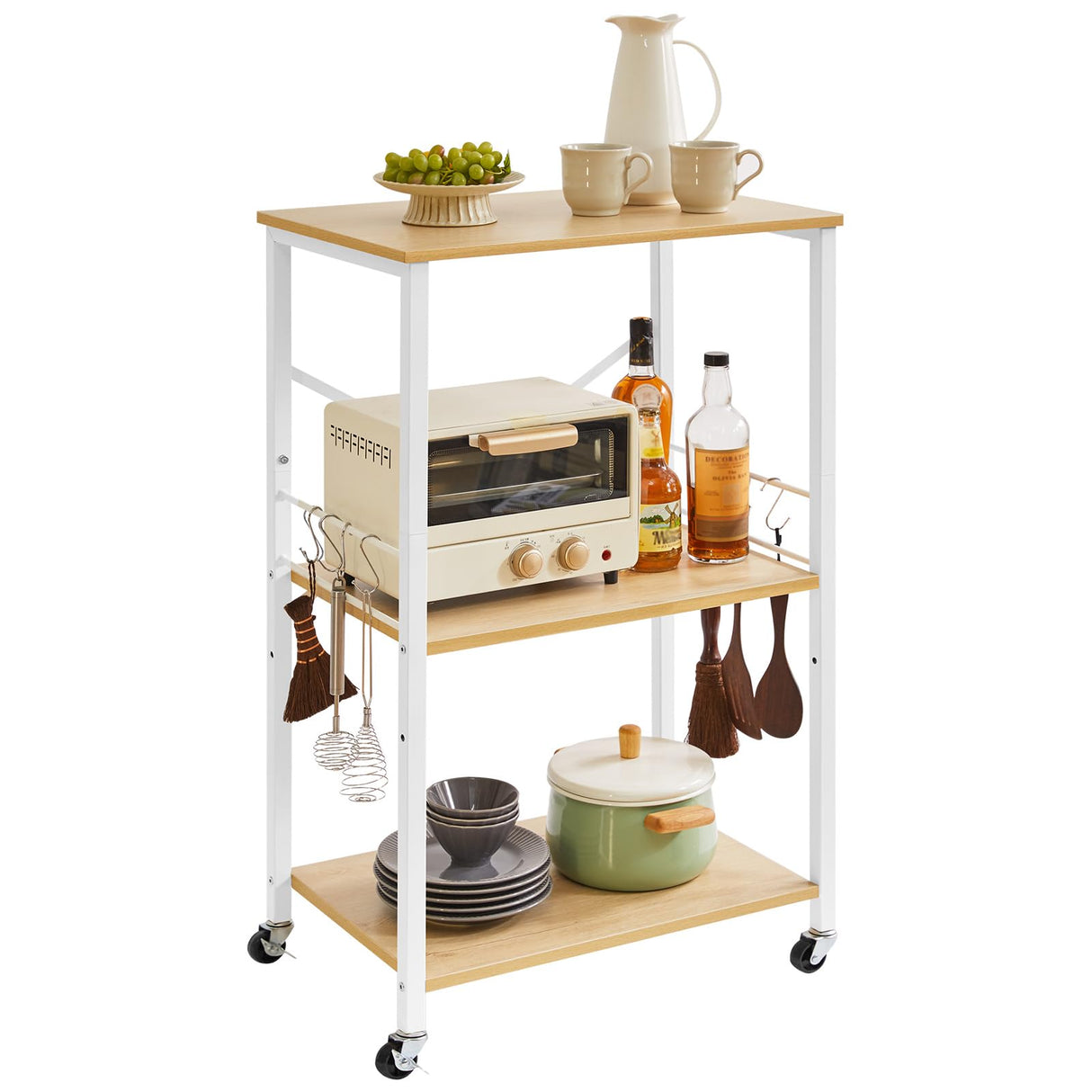 IBUYKE Kitchen Shelf Cart, 3-Tier Microwave Oven Stand, Baker’s Rack with Metal Frame and 8 Hooks, Industrial Printer Stand, Utility Standing Storage Shelf for Coffee Bar, Simple Assembly, TMJ023R IBUYKE