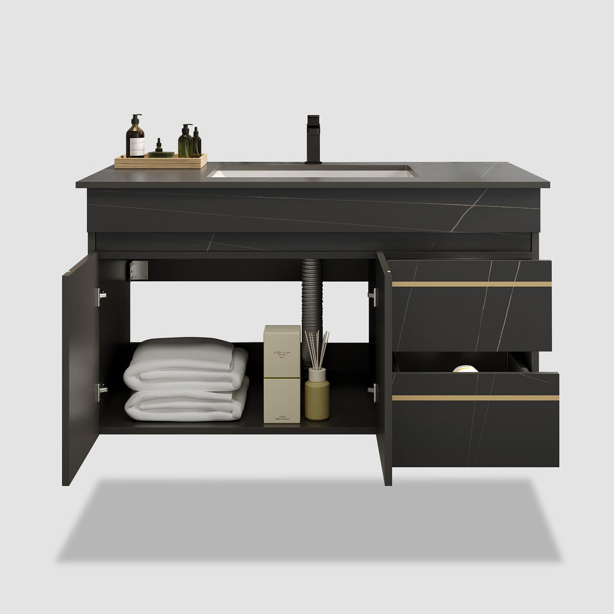 36 Inch Modern Wall Mounted Bathroom Vanity with Ceramic Sink Combo.Solid Wood Floating Bathroom Vanity Cabinet 2 Drawers and 2 Doors,Quick Assembly. Black. Glintee