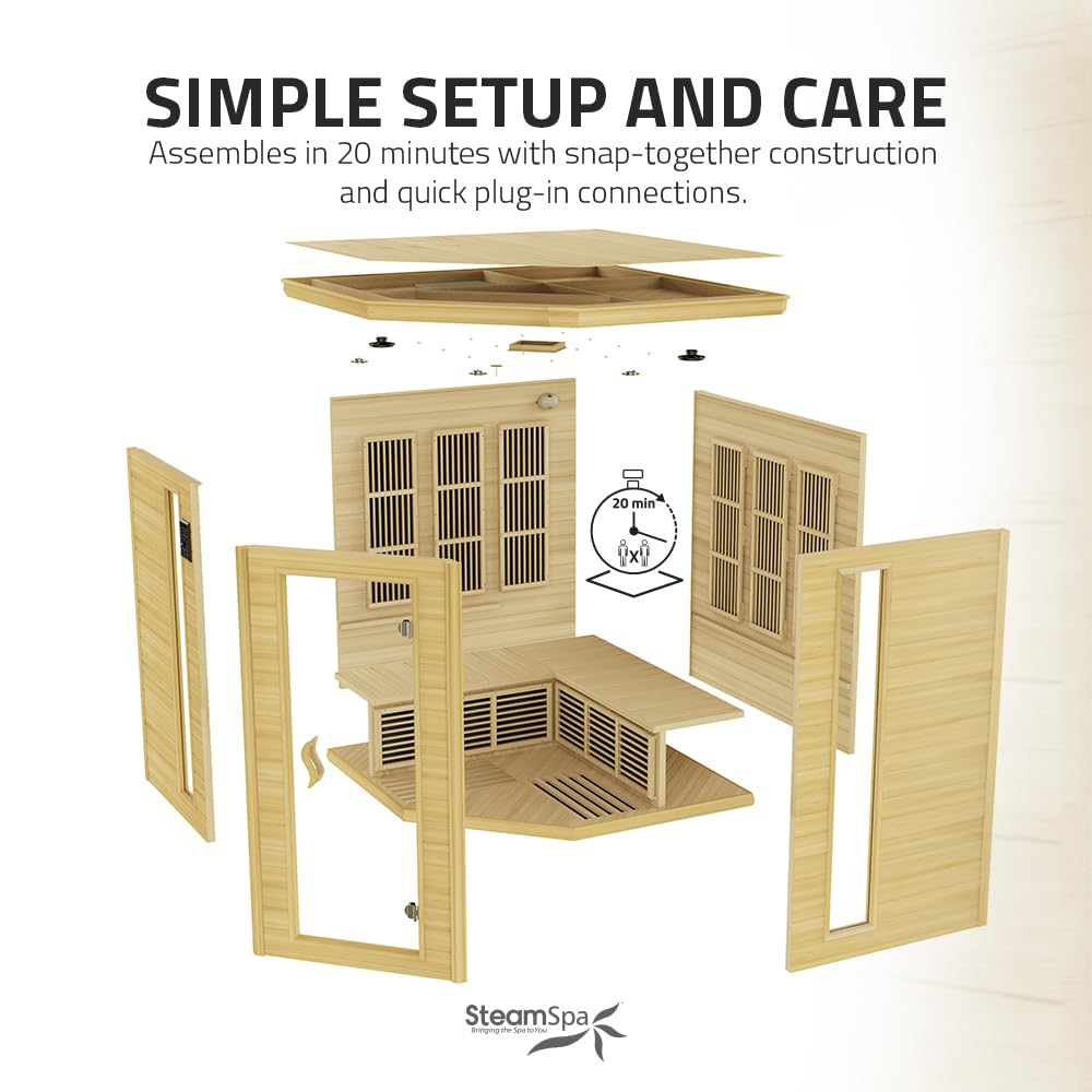 SteamSpa 1-5 Person Low EMF Carbon FAR Infrared Hemlock Wood and Tempered Glass Indoor Home Sauna Room with LED Touch Control Panel, Color LED Therapy Light, Bluetooth Speaker, Oxygen SteamSpa