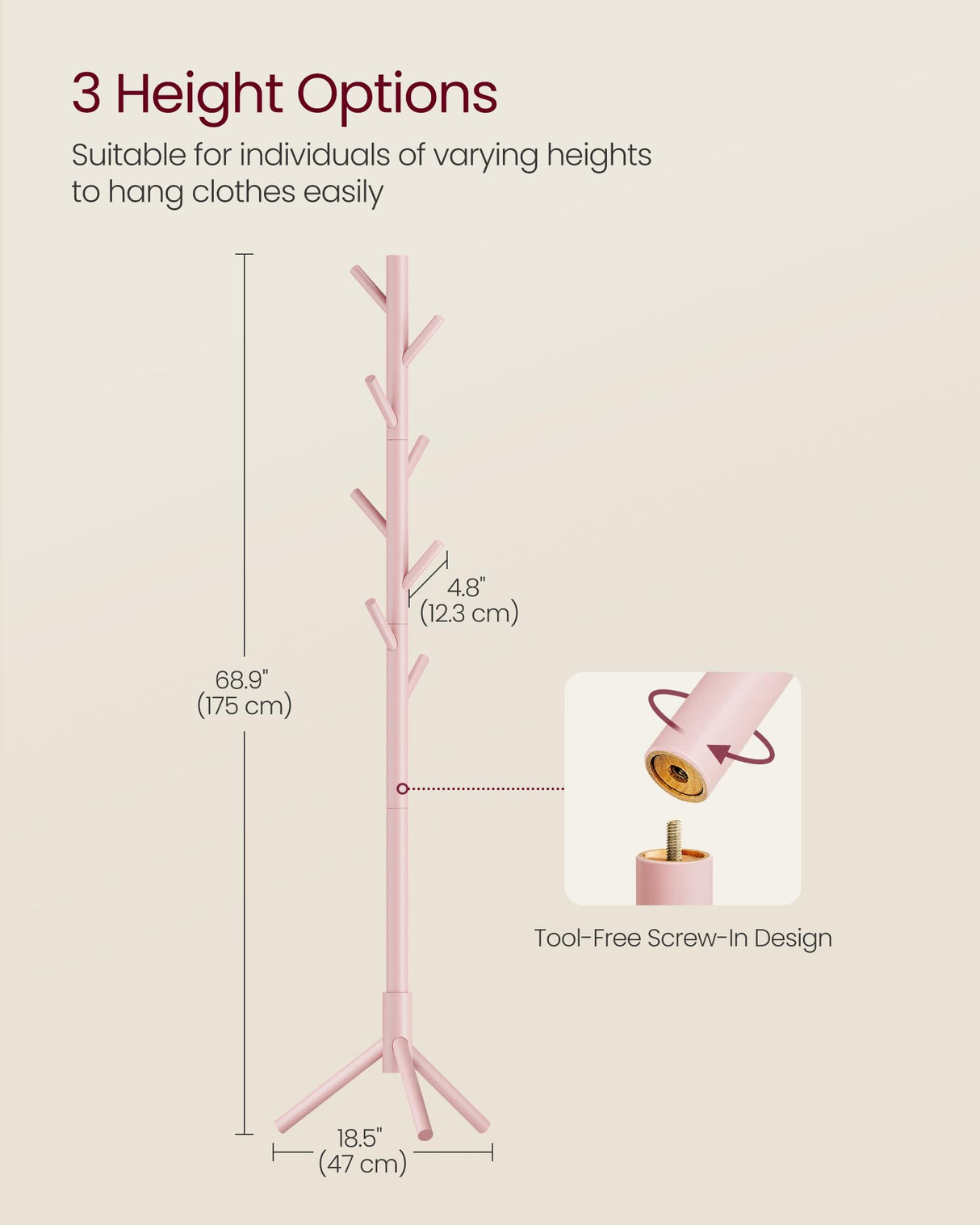 VASAGLE Solid Wood Coat Rack, Free Standing Coat Rack, Tree-Shaped Coat Rack with 8 Hooks, 3 Height Options, for Clothes, Hats, Bags, for Living Room, Bedroom, Home Office, Jelly Pink URCR004R01 VASAGLE