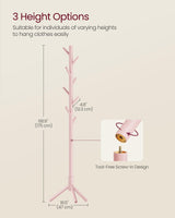 VASAGLE Solid Wood Coat Rack, Free Standing Coat Rack, Tree-Shaped Coat Rack with 8 Hooks, 3 Height Options, for Clothes, Hats, Bags, for Living Room, Bedroom, Home Office, Jelly Pink URCR004R01 VASAGLE