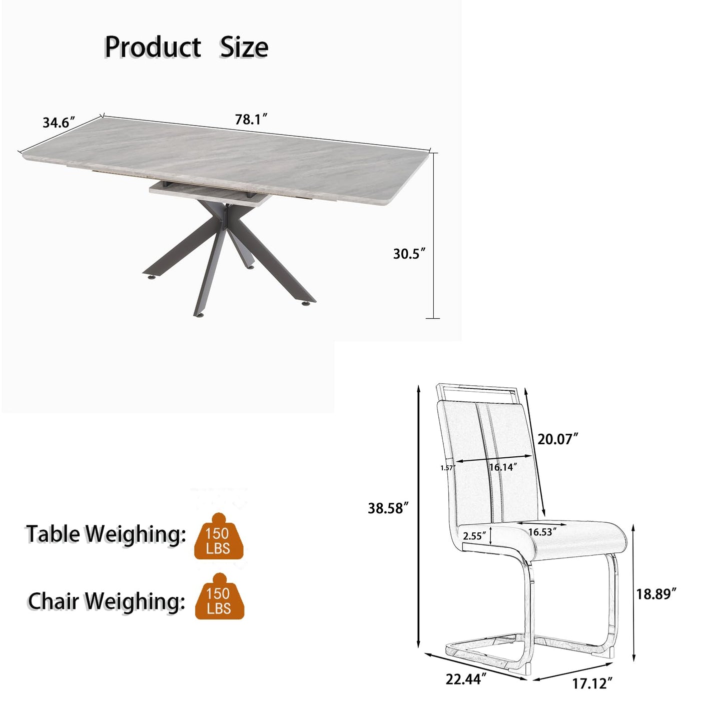 Modern Dining Table Set for 8,Adjustable Dining Table,Rectangular Rock Slab Dining Table for 8-10 People,Metal Base and Legs for Living Room,Dining Room,Kitchen ,78" Dining Table+8 Gray Chair - WoodArtSupply