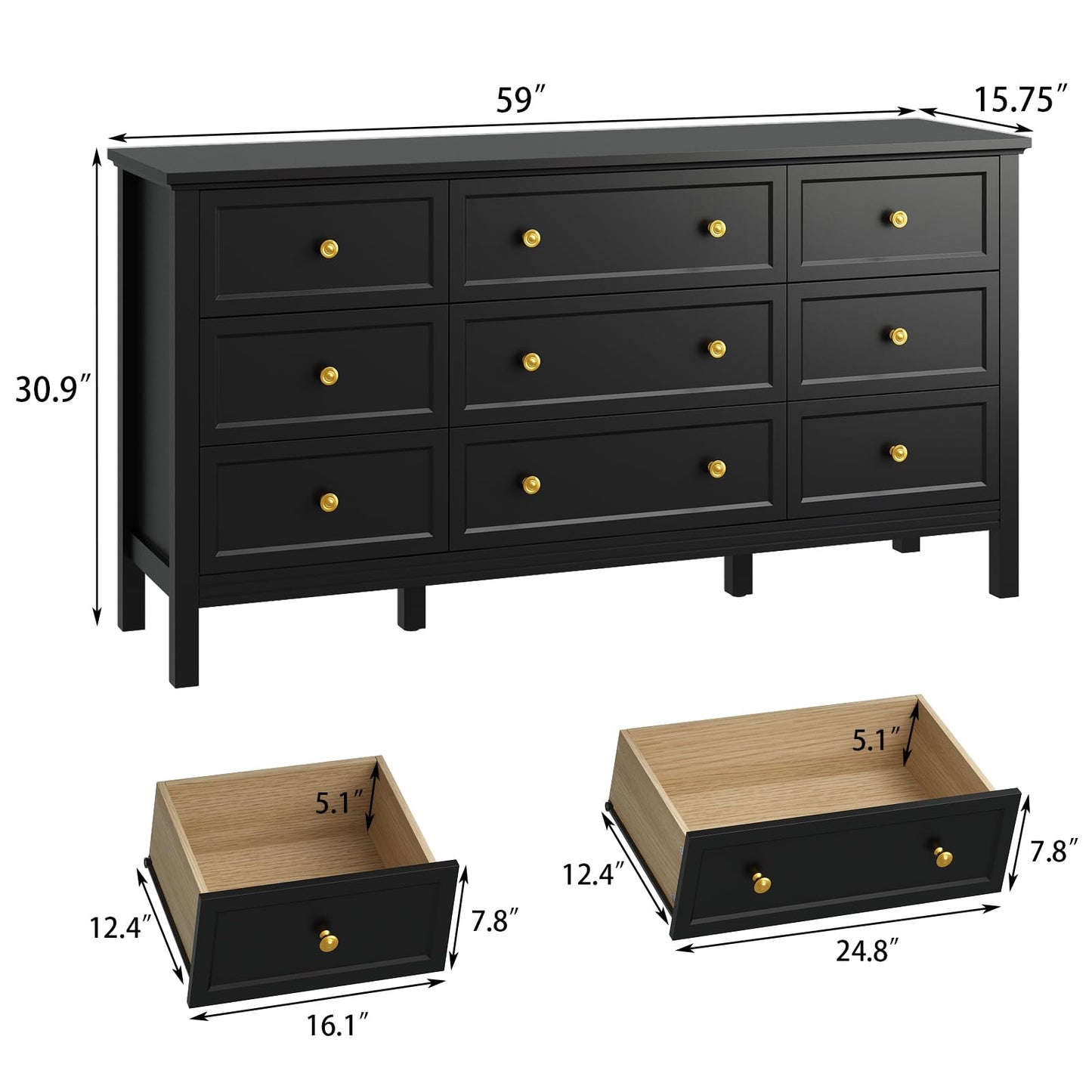 CARPETNAL Black Dresser for Bedroom, 9 Drawer Dresser with Wide Drawers and Gold Metal Handles, 59" White and Gold Dresser TV Stand, Modern Dressers & Chests of Drawers for Hallyway, Entryway.