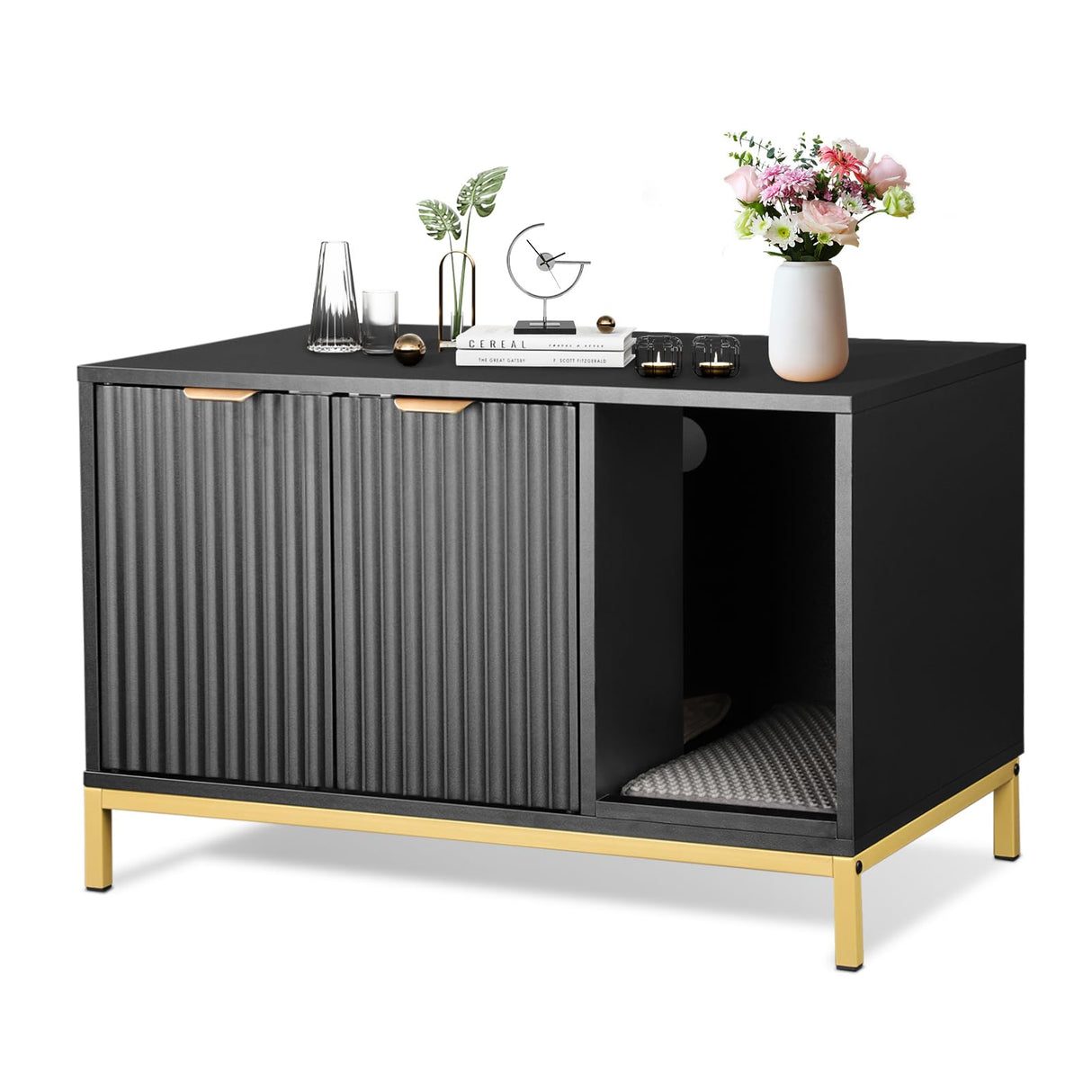 QuicMiou Cat Litter Box Enclosure, Hidden Litter Box Furniture with Metal Legs, Side End Table Indoor Cat House Storage Cabinet 31.5 x 19.7 x 20 Inches (Black + Gold) QuicMiou