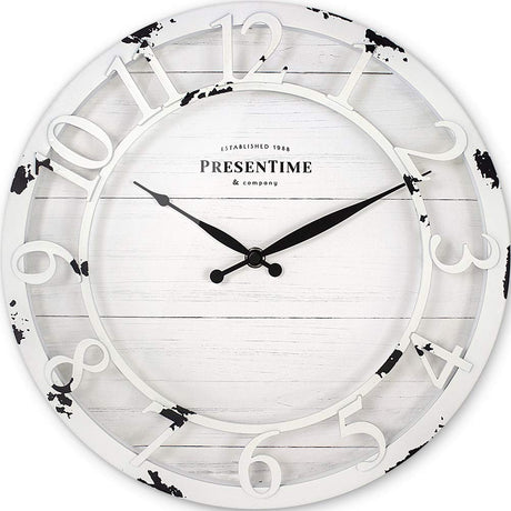 Presentime & Co 13" Farmhouse Series Wall Clock, Quartz Movement, Shiplap Style, Raised 3D Arabic Numeral, Antique Distressed White Presentime