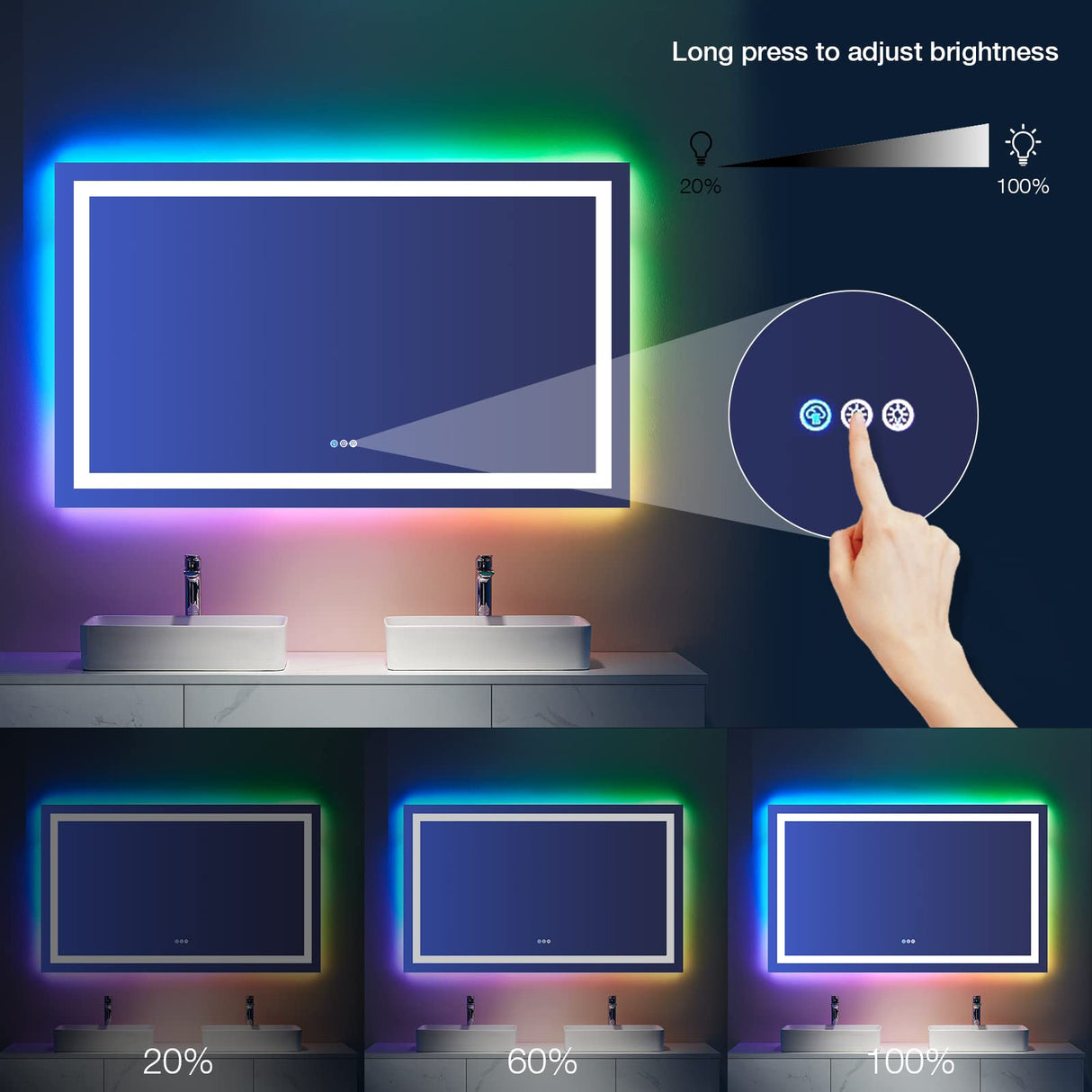 LOAAO 72"X36" Inch RGB LED Bathroom Mirror with Lights, Large, Anti-Fog, Dimmable Smart Lighted Bathroom Vanity Mirror, Multiple Light Modes, RGB Backlit + Front Light, Memory Function, Tempered Glass LOAAO