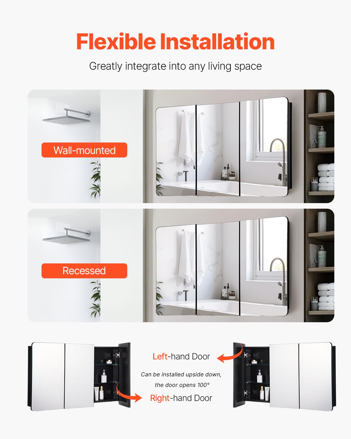 VEVOR Medicine Cabinet, 25.5 x 40 inch, Medicine Cabinet for Bathroom with Mirror, Aluminum Frame Bathroom Wall Cabinet, 4-Layer Adjustable Shelves, Recessed & Wall-Mounted Installation VEVOR