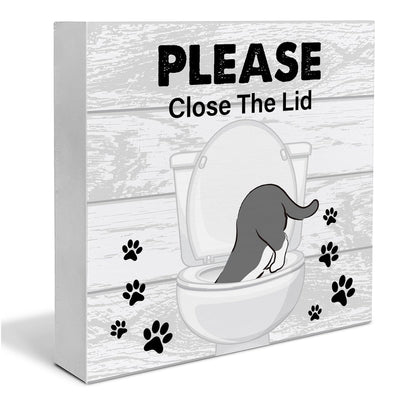 Bathroom Wooden Box Sign Home Decor Cat Bathroom Wood Sign Desk Decoration Please Close the Lid Wood Block Plaque Box Sign for Shelf Home Toilet 5 x 5 Inches