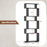Tangkula 6-Tier S-Shaped Bookshelf, 64" Freestanding Geometric Bookcase, Home Office Wood Storage Shelf with Anti-Toppling Device, Room Divider Display Rack for Study, Living Room (1, Black) Tangkula