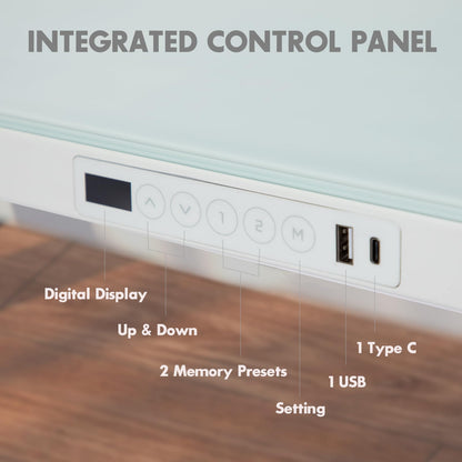 ADOFFUR Glass Standing Desk with Drawer, Electric Height Adjustable Home Office Desk with USB Ports,Sit Stand Up Desk with Tempered Glass Top, Memory Presets - White