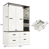 Farmhouse 3 Doors Armoire Wardrobe Closet w/Folding Sliding Barn Door and Lights, LED Armoire Closet w/Drawers for Bedroom, Freestanding Wooden Wardrobe Storage Closets w/Hanging Rod,Antique White jiteentarou
