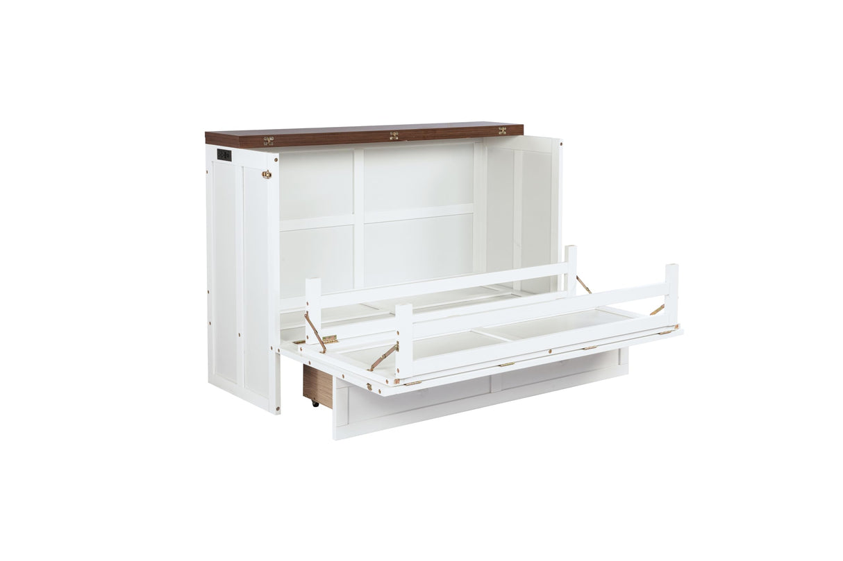 PVWIIK Full Size Murphy Bed with Large Storage Drawer for Guest Room Home Office, Wood Platform Bed Frame w/USB Ports & Charging Station,White PVWIIK