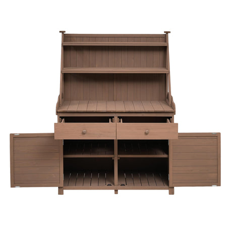 CKLMMC 65inch Outdoor Potting Bench Table, Fir Wood Large Gardening Workstation with Storage Shelf, Drawer and Cabinet for Storage for Backyard, Mudroom (Brown/Fir Wood2) CKLMMC