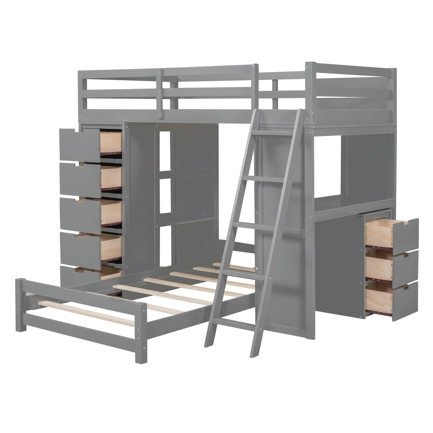 CKLMMC Twin Over Twin Bunk Bed with LED Light, USB Ports, Desks, Bookshelves, and 5 Drawers in Gray - WoodArtSupply