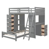 CKLMMC Twin Over Twin Bunk Bed with LED Light, USB Ports, Desks, Bookshelves, and 5 Drawers in Gray CKLMMC