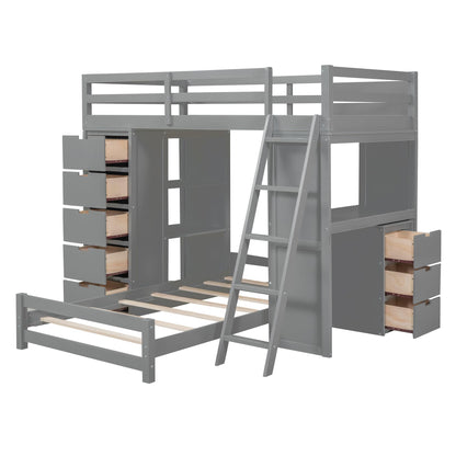 CKLMMC Twin Over Twin Bunk Bed with LED Light, USB Ports, Desks, Bookshelves, and 5 Drawers in Gray - WoodArtSupply