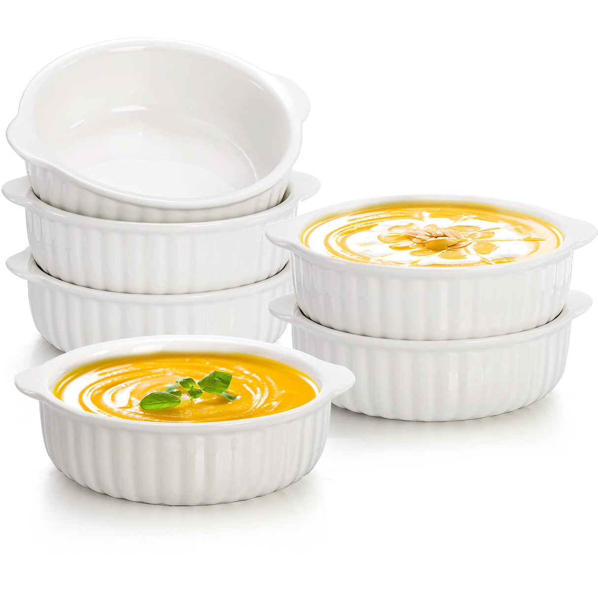 Mezchi 6 Pack Porcelain Ramekins with Handles, 14 Oz Ceramic Creme Brulee Souffle Baking Dishes Bowl, French Onion Soup Bowls for Ramen, Stew, Lava Cakes, Dishwasher, Oven, Microwave Safe, White Mezchi