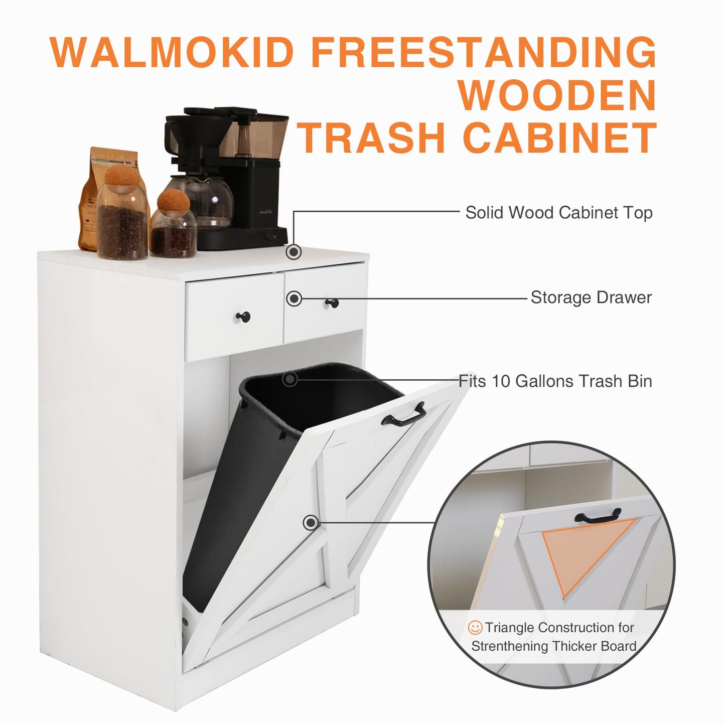 Walmokid White Tilt Out Trash Cabinet, Wooden Kitchen Trash Can Cabinet w/Hideaway Drawers, Dog Proof Trash Can Holder, Free Standing Tilt Out Laundry Hamper 10 Gallon - WoodArtSupply