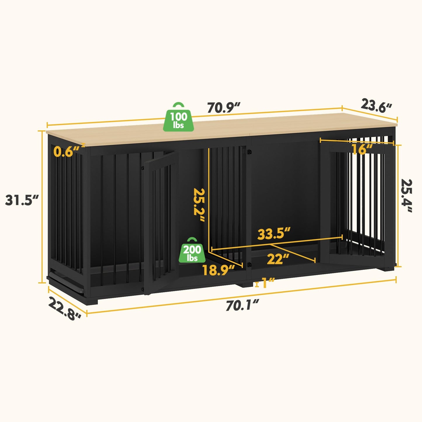 PIAOMTIEE Large Double Dog Crate Furniture, 70.9" XL Wooden Dog Crate Kennel Furniture with Divider & Trays, Dog Crates Furniture for Large or 2 Medium Dogs Indoor, Black - WoodArtSupply