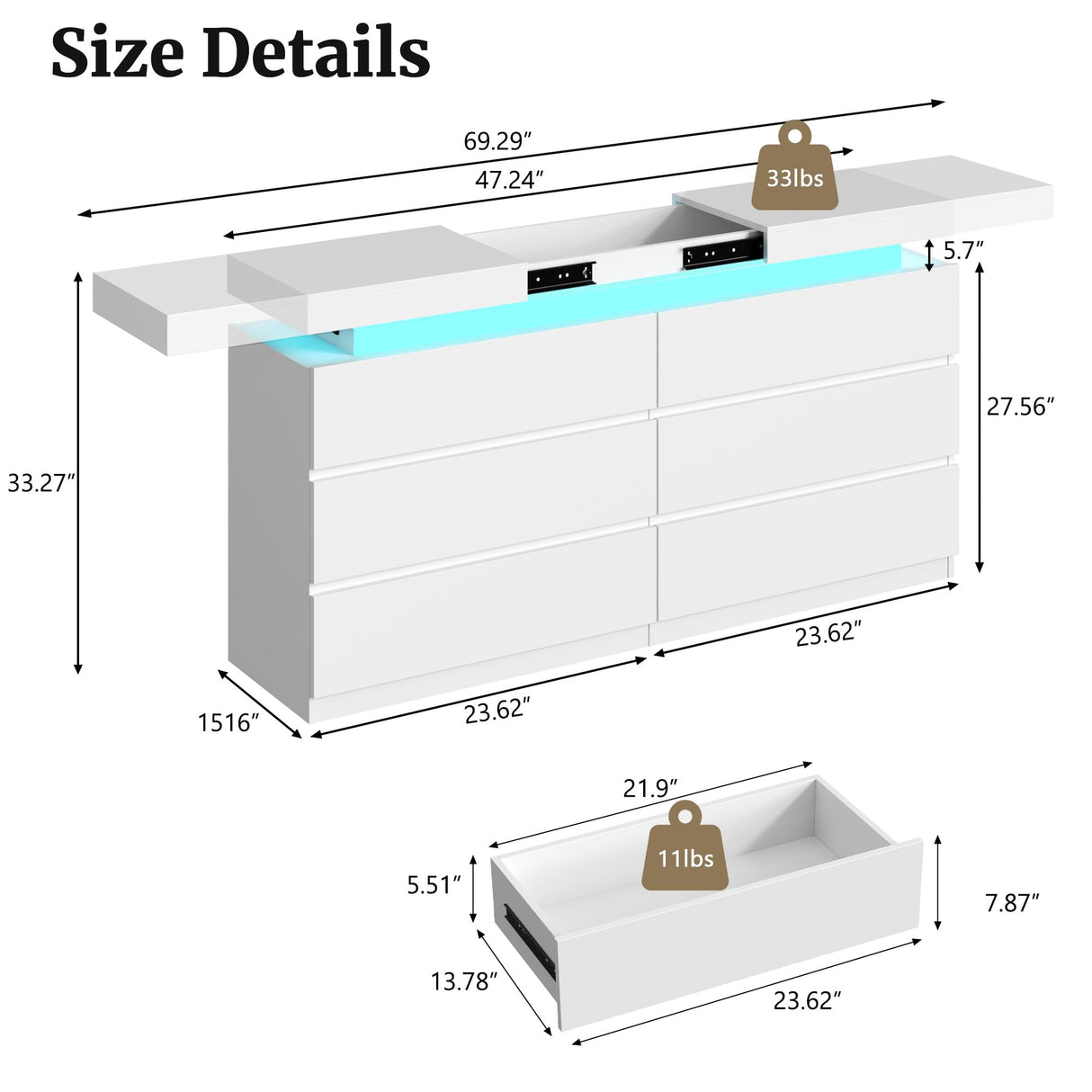 White Dresser with LED Lights,6 Drawer Dresser for Bedroom Sliding Desktop and Power Outlet Modern Wood Chest of Drawers for Closet Organizer Cabinet for Bedroom, Living Room, Entryway, Hallway Vipbear
