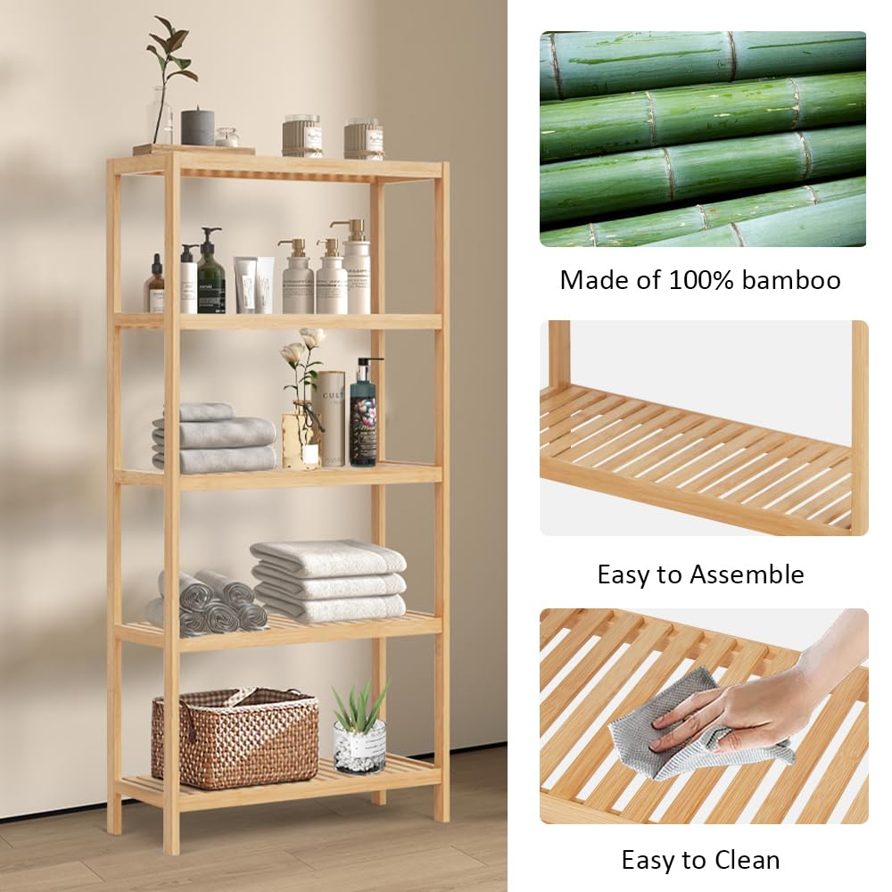 HLXZN 5 Tier Bamboo Freestanding Shelf Unit, Multifunctional Bookshelf Bookcase for Bathroom, Kitchen, Living Room, Office HLXZN