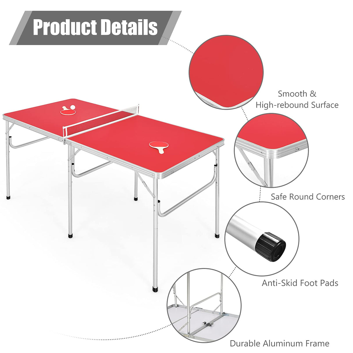 Goplus Foldable Ping Pong Table, 100% Preassembled, Portable Table Tennis Table Game Set with Net, 2 Table Tennis Paddles and Ping Pong Balls for Indoor Outdoor Use (Red-60'') Goplus