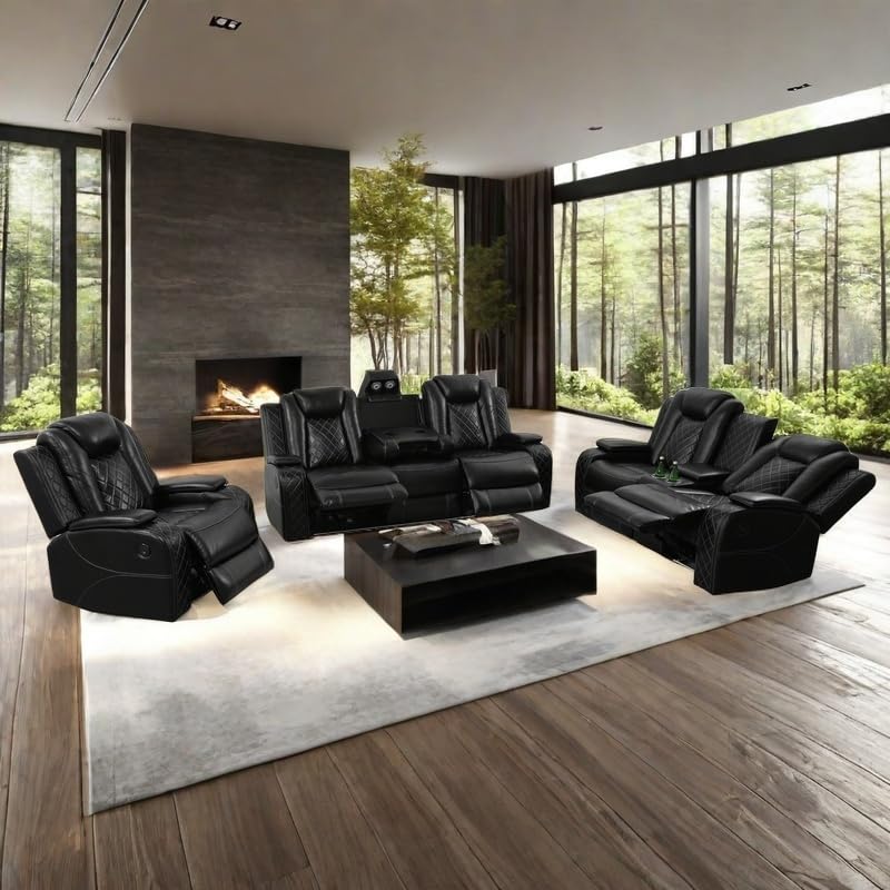 AYCP Furniture Power Recliner Set with LED Lights, Air Leather Reclining Set with USB Port/Wireless Charger/Storage Console/Cup Holder for House/HomeTheater/Apt (Black, Sofa Loveseat Chair) AYCP Furniture