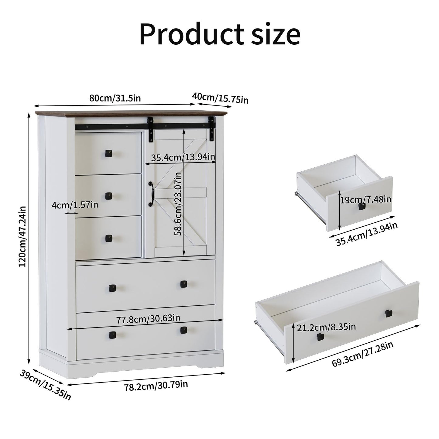 PAKASEPT 5 Drawers Dresser, Farmhouse Modern Tall Dresser 5 Chest of Drawers, Sliding Barn Doors Dresser Chests for Bedroom, Hallway, Living Room, Kids Room - WoodArtSupply