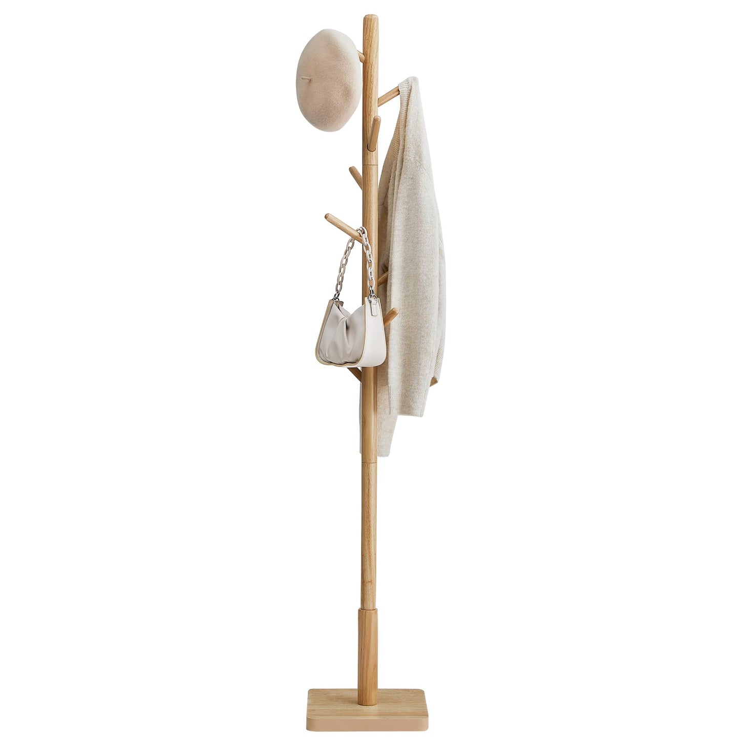 VASAGLE Solid Wood Coat Rack, Free Standing Hall Coat Tree with 8 Hooks, 3 Height Options, for Coats, Hats, Bags, Purses, for Entryway, Hallway, Rubberwood Hooks and Pole, Natural Beige URCR010N01