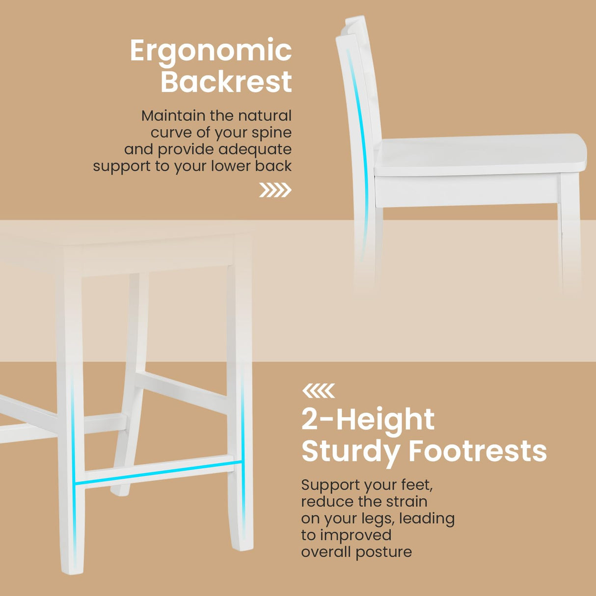COSTWAY Wooden Bar Stools Set of 2, 24-Inch Counter Height Stools with Ergonomic Backrest & Footrest, Farmhouse High Dining Chairs for Kitchen Island, Pub, Cafe (2, White) COSTWAY
