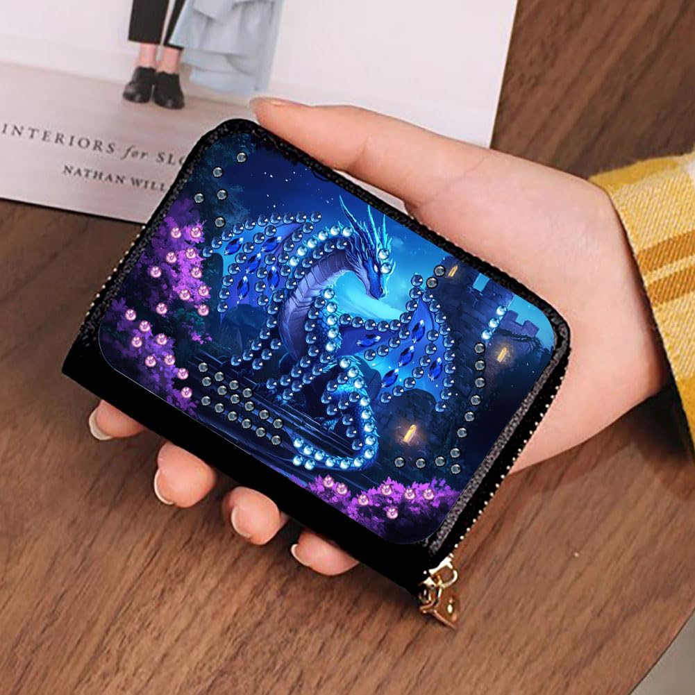 DIY Diamond Art Painting Kit - PU Leather Credit Card Holder Wallet & Coin Purse with Dragon Pattern, Zipper Organizer 4.33x3.14in for Adults Santiway