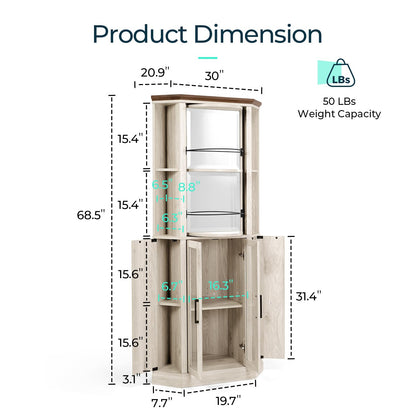 LINSY HOME Corner Bar Cabinet, 68.5" Tall Farmhouse Wine Cabinet with Rotating Liquor Shelves, Home Bar Cabinet with Barn Door & Adjustable Shelves for Dining Room, Living Room, Kitchen, Washed Gray