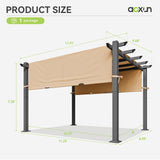 Aoxun 10'x12' Outdoor Retractable Pergola with Adjustable Roof, Modern Metal Patio Aluminum Pergola with Sun Shade Canopy, Brown Shade Cover for Garden, Backyard and Deck Aoxun