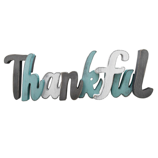 Wood Thankful Sign for Home Decor, Rustic Wood Wall Sign Hanging Decor Freestanding Cutout Block Letter Sign, Decorative Teal Word Sign for Shelf Mantel Decor - WoodArtSupply