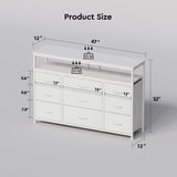 YeTom Tv Stand Dresser for Bedroom with Charging Station and LED Lights,9 Fabric Drawers White TV Stand with Open Shelf Storage,Media Console for TV ups to 55",Metal Frame,Wood Top,White YeTom