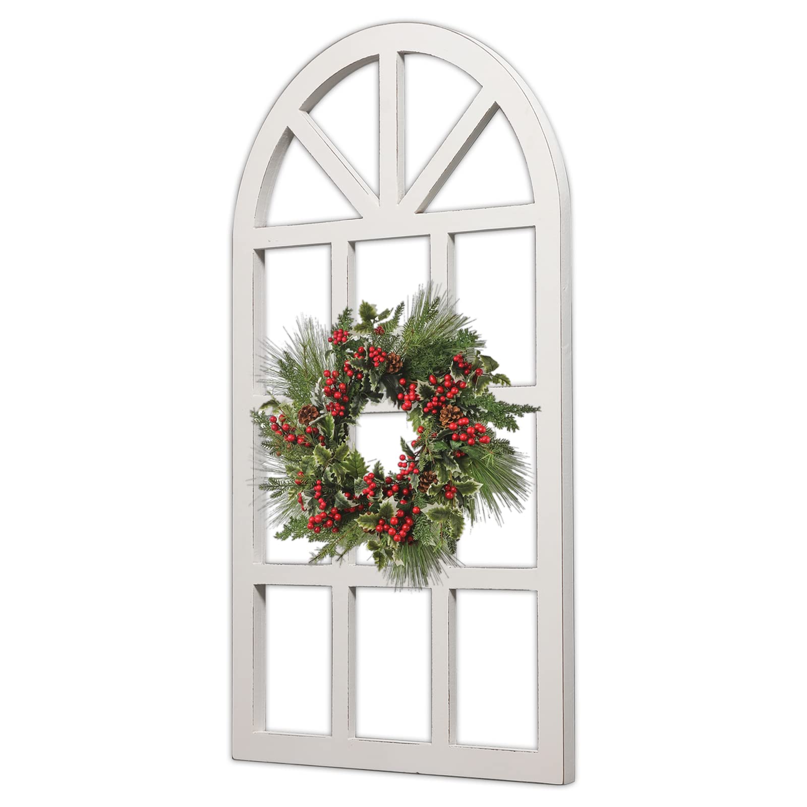 Sintosin Farmhouse Window Frame Wall Decor Living Room 36" x 20", Hanging Distressed White Rustic Arched Window Frame, Wooden Cathedral Window Frames for Wall Decor, Christmas Window Frame De - WoodArtSupply