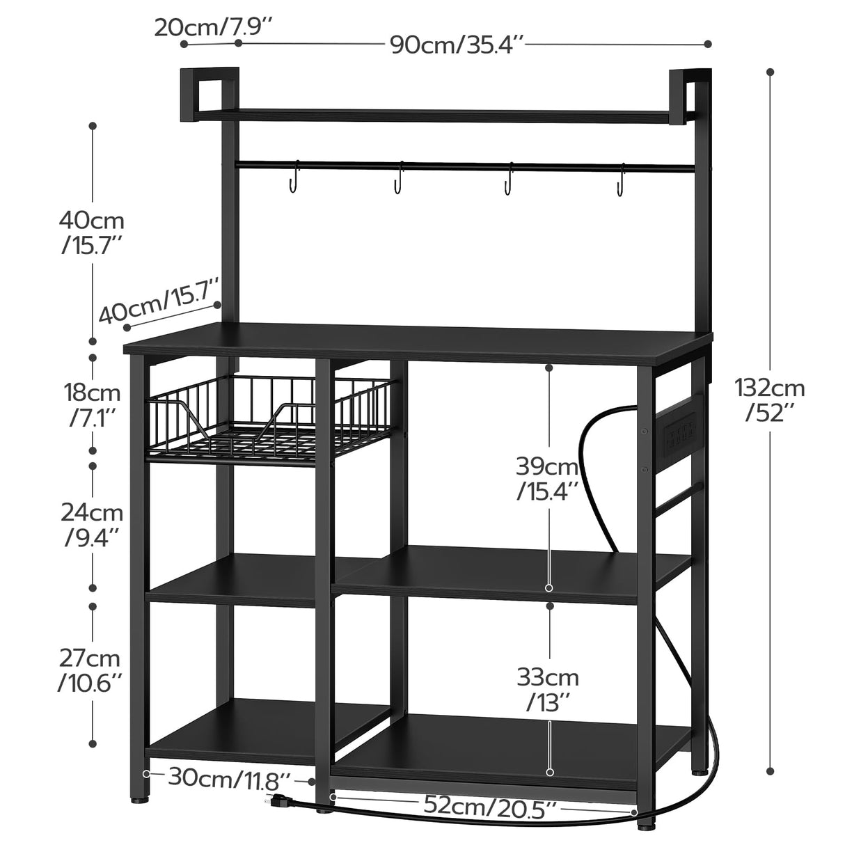 HOOBRO Kitchen Bakers Rack with Power Outlet, Coffee Bar, Microwave Oven Stand with Mesh Basket, Coffee Station with 4 S-Shaped Hook, Kitchen Shelf, for Kitchen, Living Room, Black BB05HB01 HOOBRO