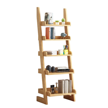 BFECGDXT 5 Tier Ladder Bookshelf, Wooden Ladder Shelf Bookcase Space-Saving, Freestanding Storage Rack Organizer for Living Room, Home Office and Bedroom, Wood Color BFECGDXT