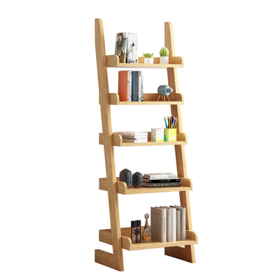 BFECGDXT 5 Tier Ladder Bookshelf, Wooden Ladder Shelf Bookcase Space-Saving, Freestanding Storage Rack Organizer for Living Room, Home Office and Bedroom, Wood Color